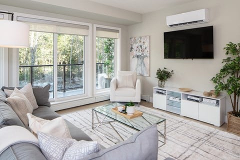 a living room with a couch and a coffee table and a television